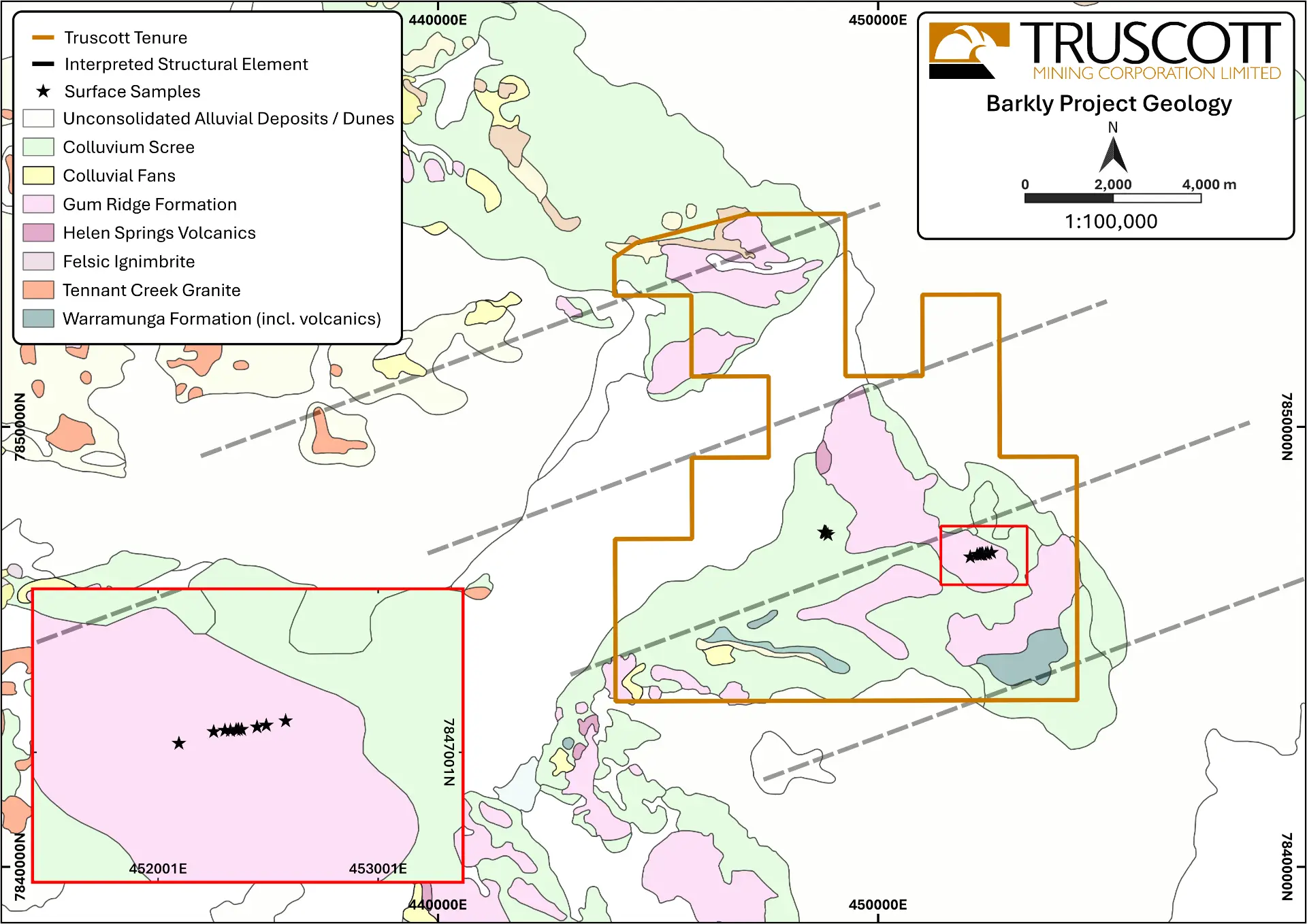 Barkly Project bedrock geology map showing Truscott tenure and interpreted structural elements
