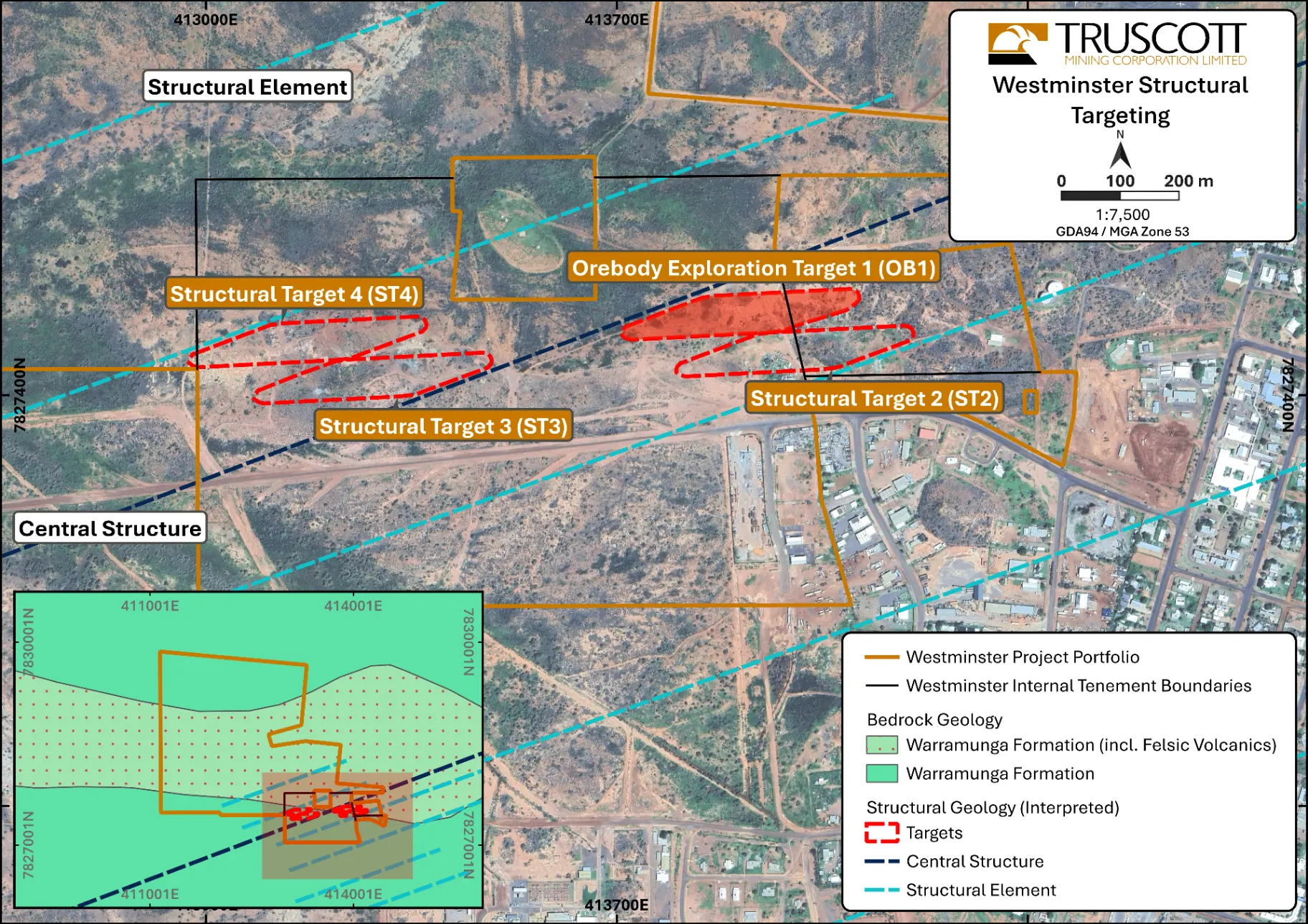 Westminster Structural Targeting map showing Orebody 1 and structural targets ST2, ST3, ST4 within the central structural corridor