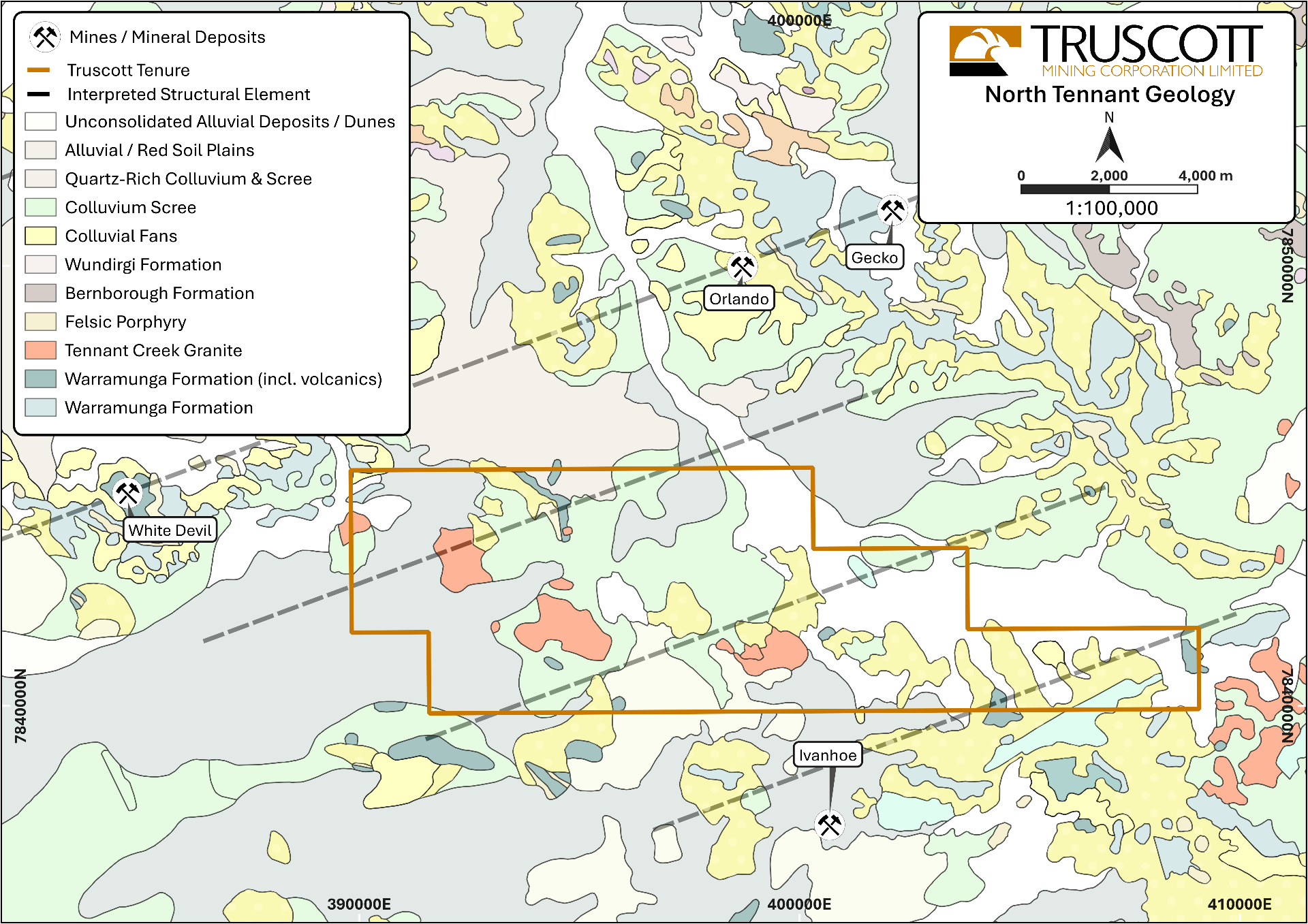 North Tennant Bedrock Geology map showing Truscott tenure, interpreted structural elements and surrounding mines (White Devil, Orlando, Gecko, Ivanhoe)