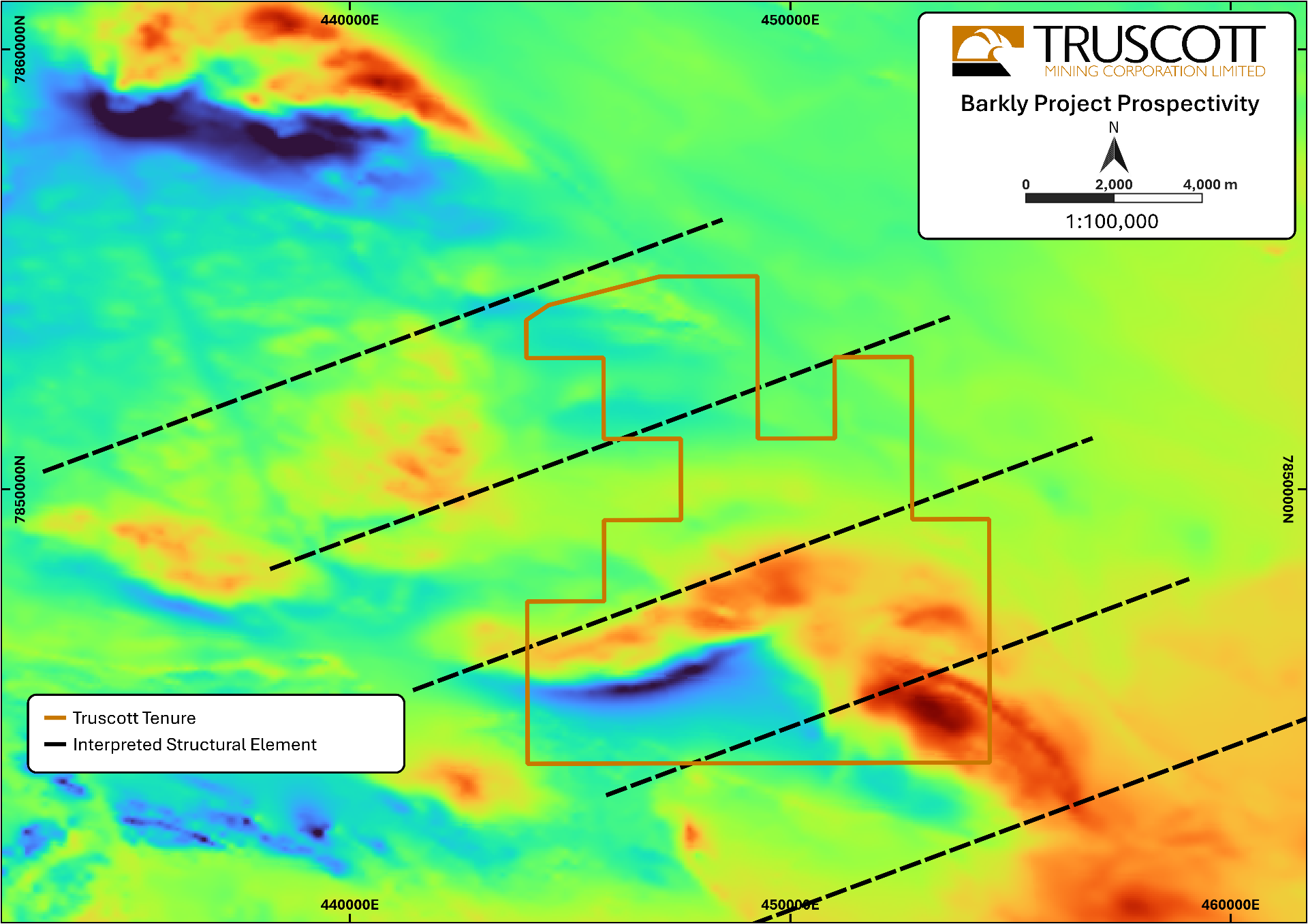 Barkly Project Prospectivity — total magnetic intensity (TMI) aeromagnetic image showing Truscott tenure, planned gravity survey, target zones and interpreted structural elements