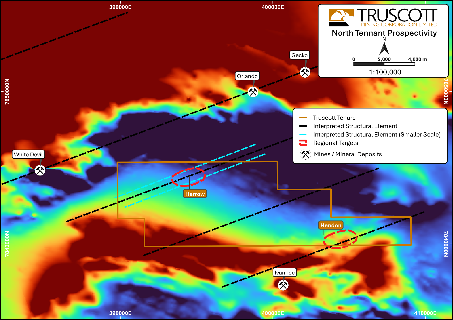 North Tennant Prospectivity — total magnetic intensity (TMI) aeromagnetic image showing Truscott tenure, structural elements and surrounding deposits (White Devil, Orlando, Gecko, Ivanhoe)