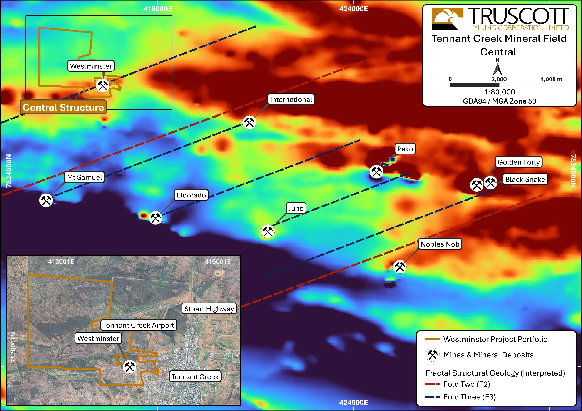 Tennant Creek Mineral Field Central — structural fractal interpretation with Westminster and historical mines over TMI aeromagnetic image