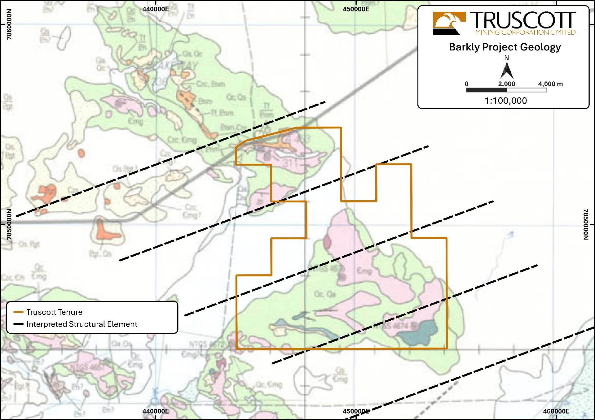Barkly Project bedrock geology map showing Truscott tenure and interpreted structural elements