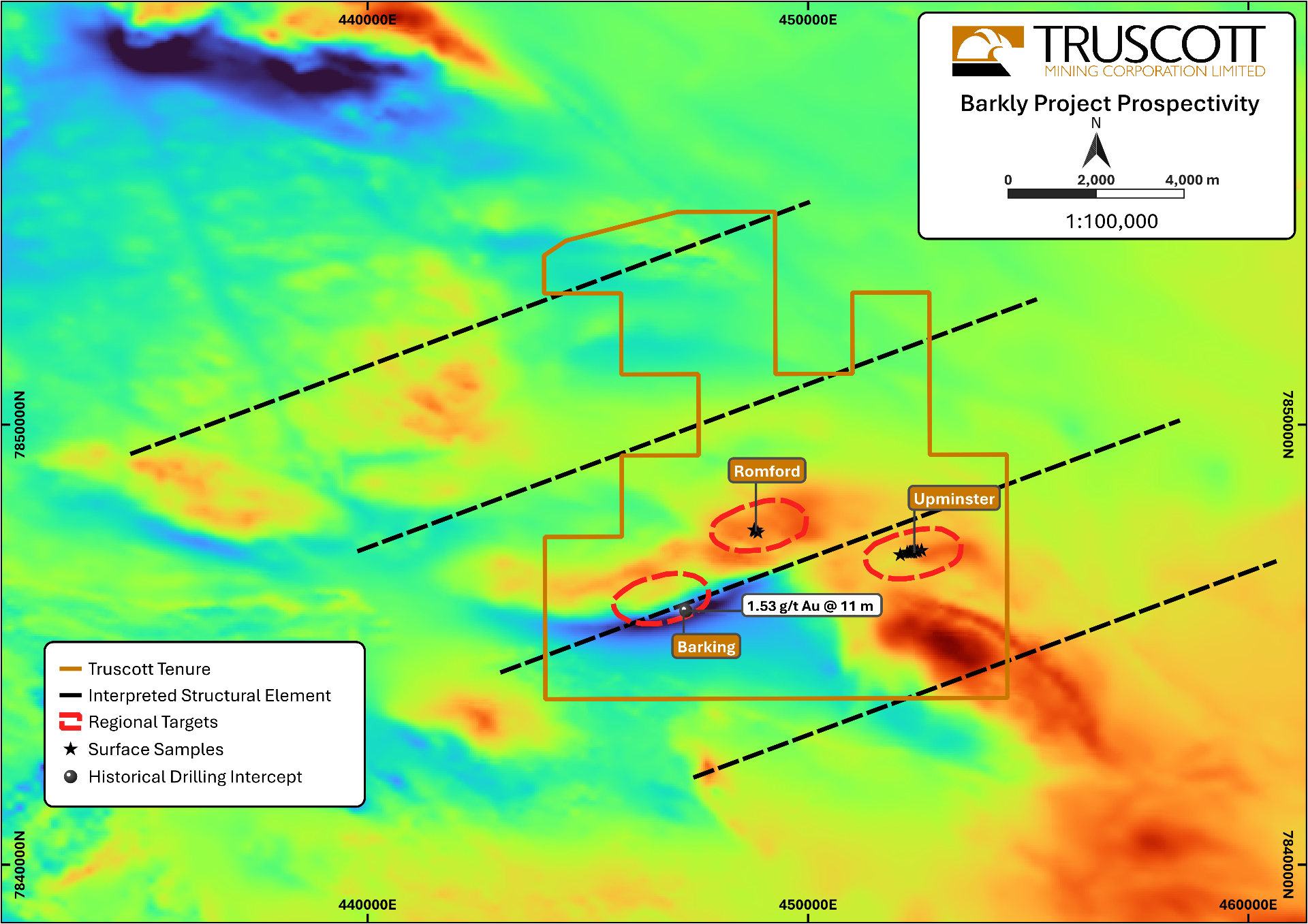 Barkly Project Prospectivity — total magnetic intensity (TMI) aeromagnetic image showing Truscott tenure, planned gravity survey, target zones and interpreted structural elements