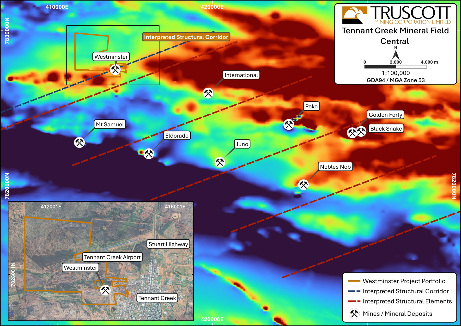 Tennant Creek Mineral Field Central — structural fractal interpretation with Westminster and historical mines over TMI aeromagnetic image