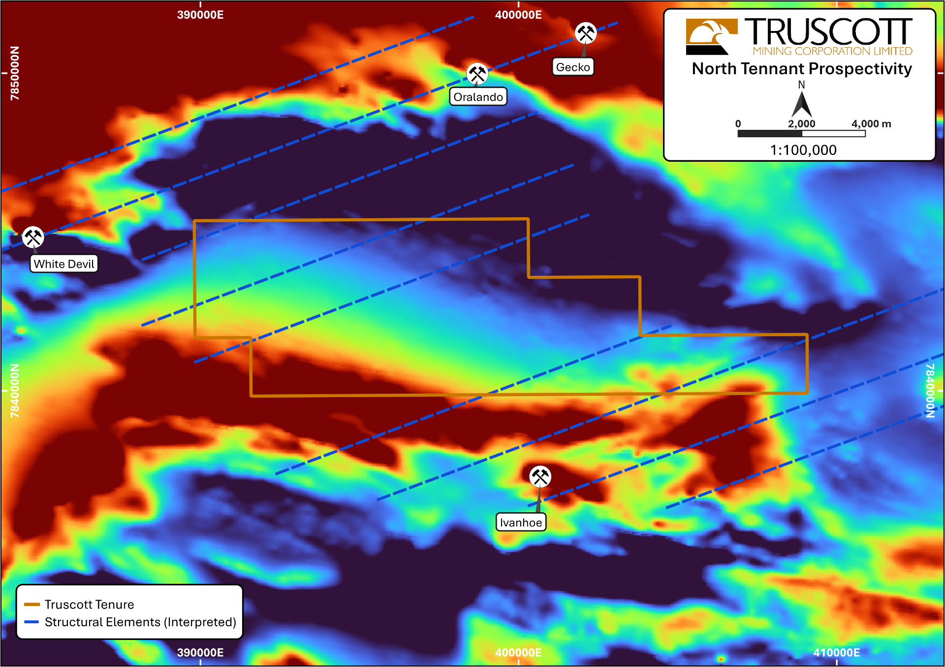 North Tennant Prospectivity — total magnetic intensity (TMI) aeromagnetic image showing Truscott tenure, structural elements and surrounding deposits (White Devil, Orlando, Gecko, Ivanhoe)