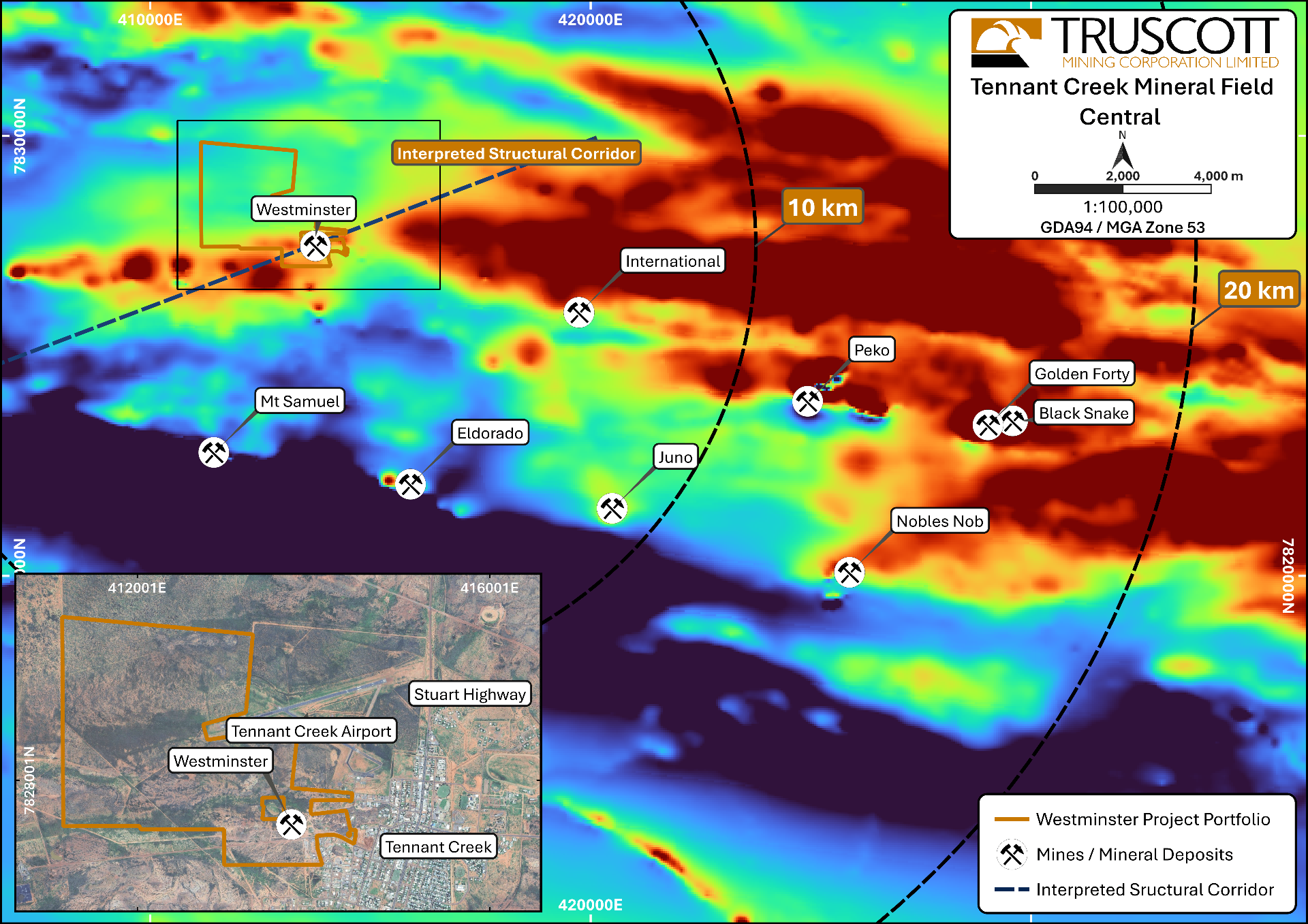 Tennant Creek Mineral Field Central — Westminster project location, structural corridors and aeromagnetic intensity