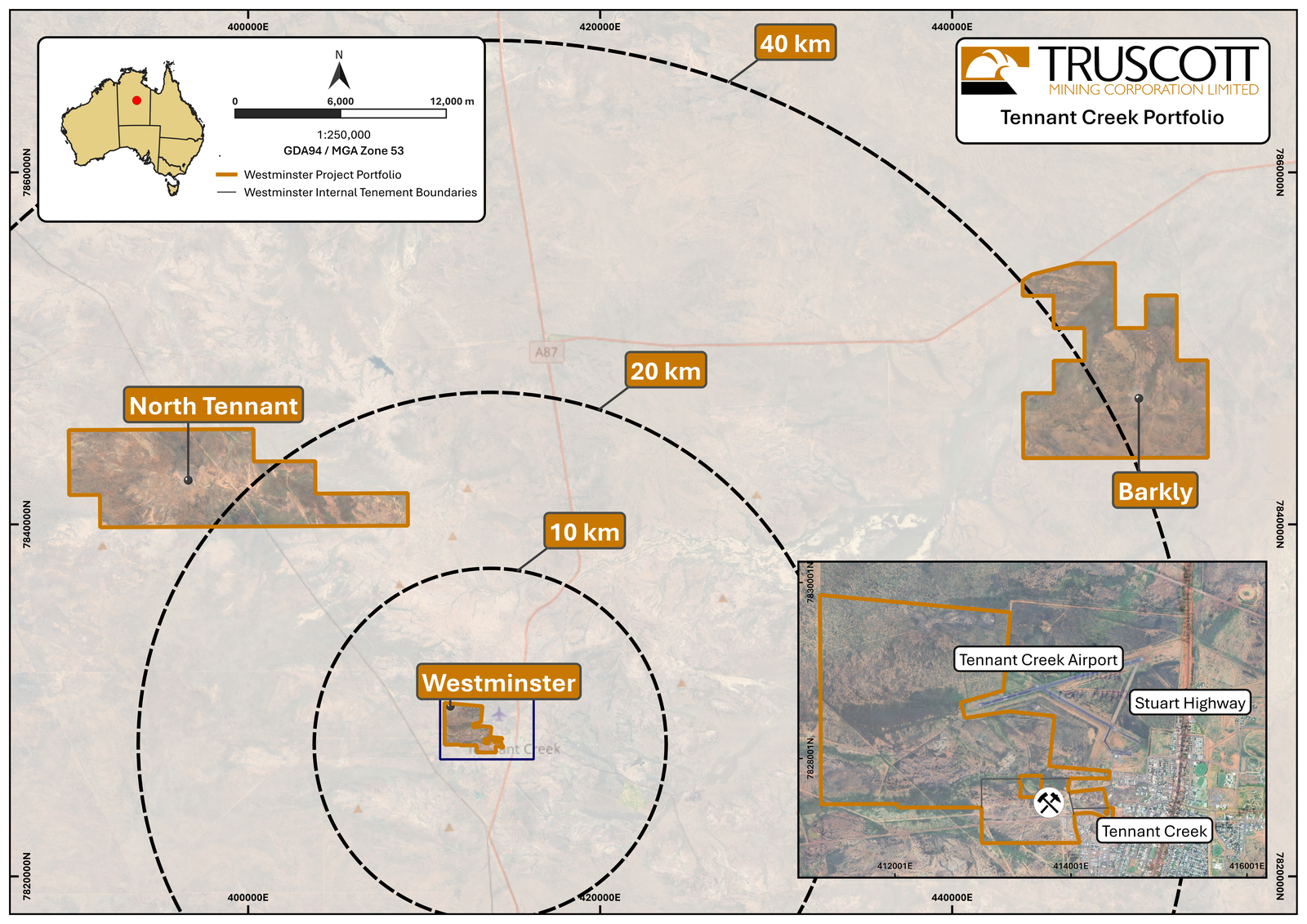 Tennant Creek Portfolio Map showing Westminster, North Tennant and Barkly project locations