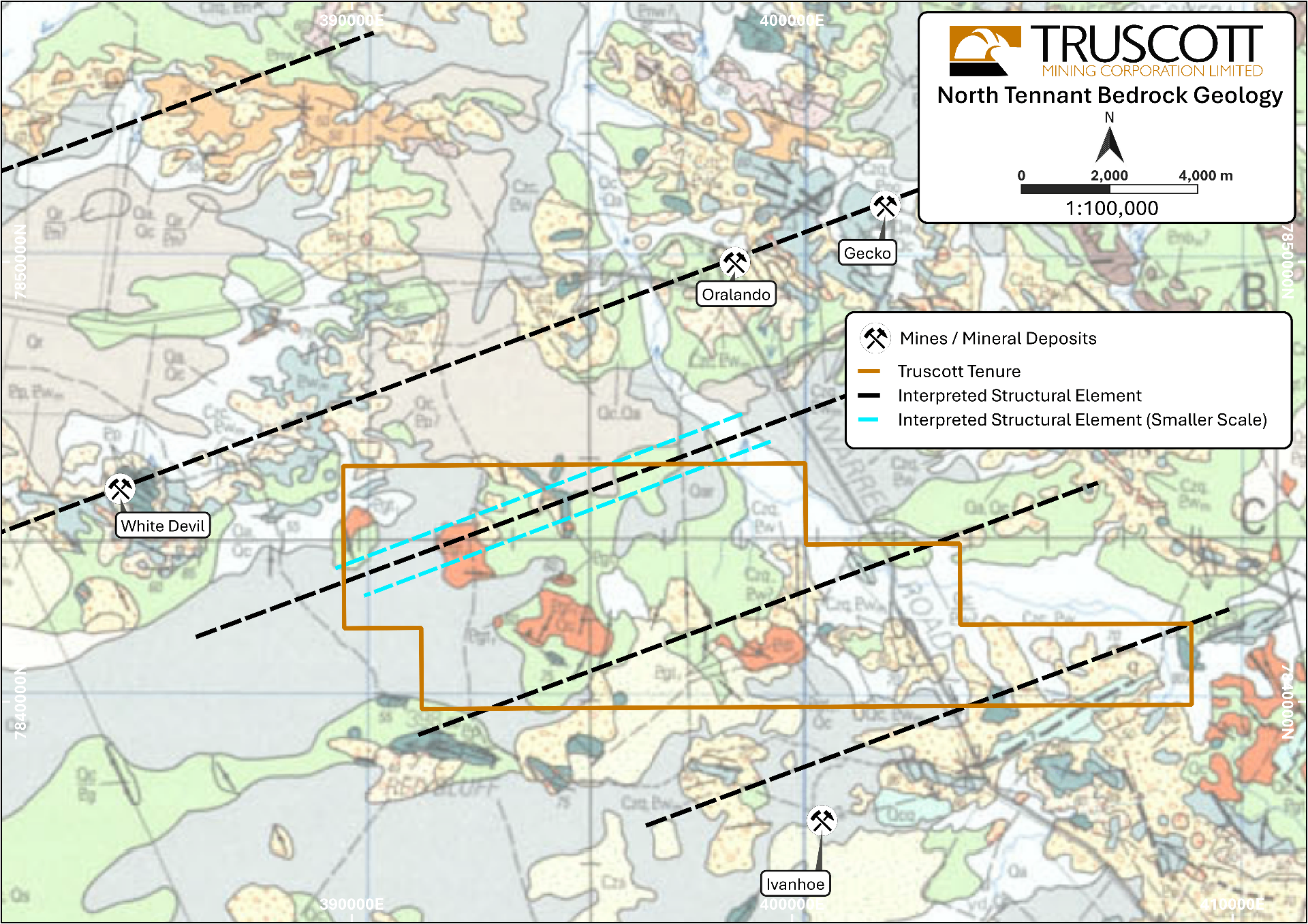 North Tennant Bedrock Geology map showing Truscott tenure, interpreted structural elements and surrounding mines (White Devil, Orlando, Gecko, Ivanhoe)