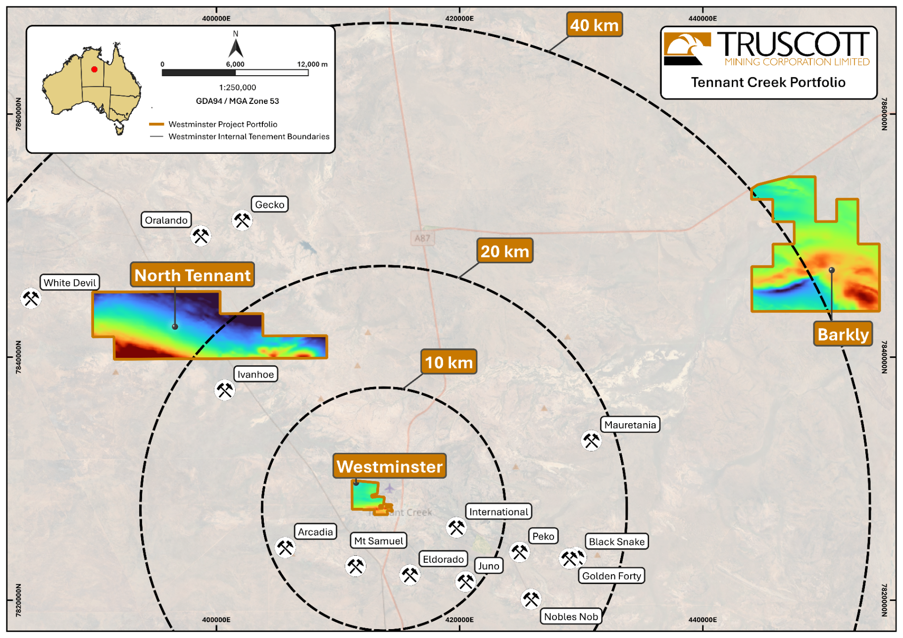 Tennant Creek Portfolio Map with geophysics overlay showing Westminster, North Tennant and Barkly projects