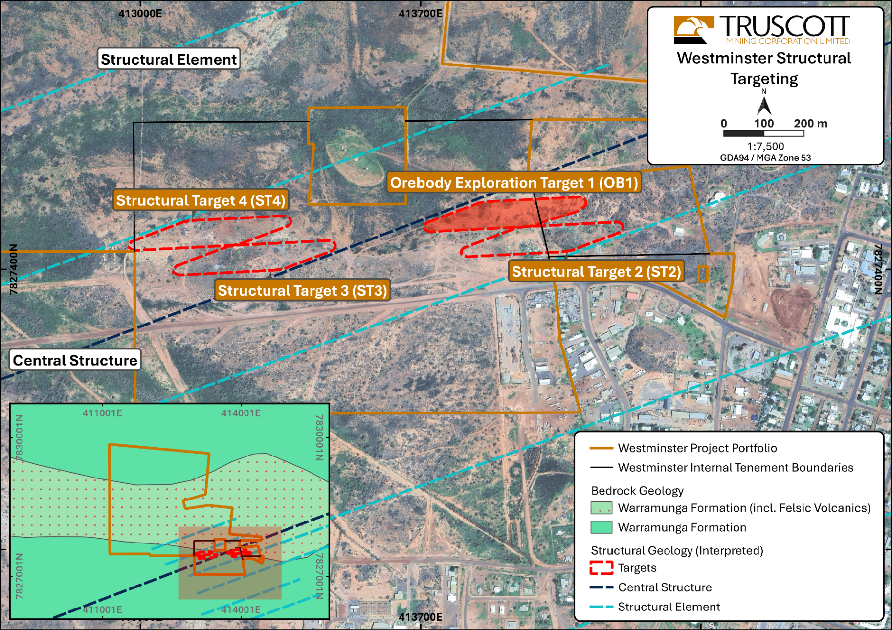 Westminster Structural Targeting map showing Orebody 1 and structural targets ST2, ST3, ST4 within the central structural corridor
