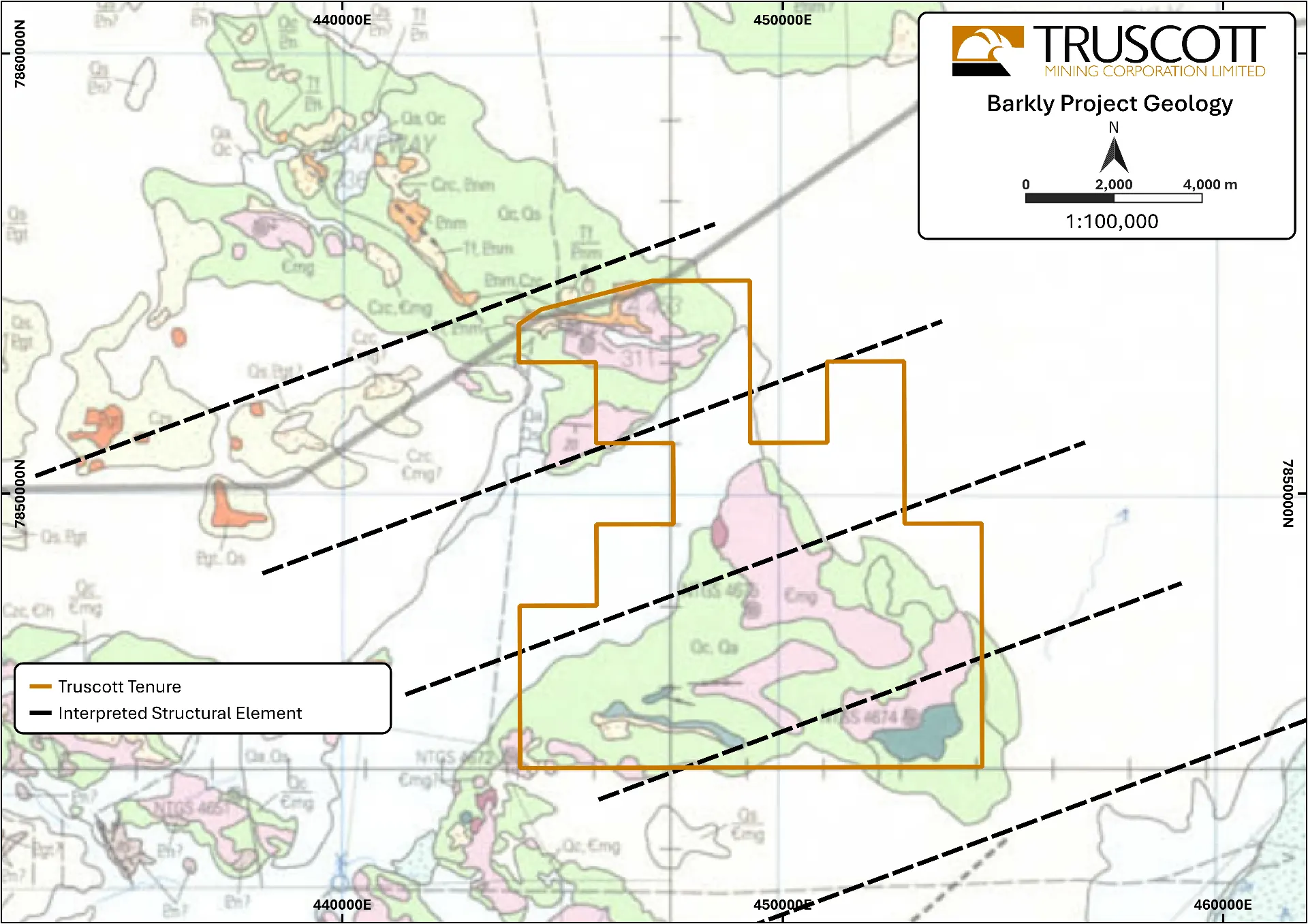 Barkly Project bedrock geology map showing Truscott tenure and interpreted structural elements