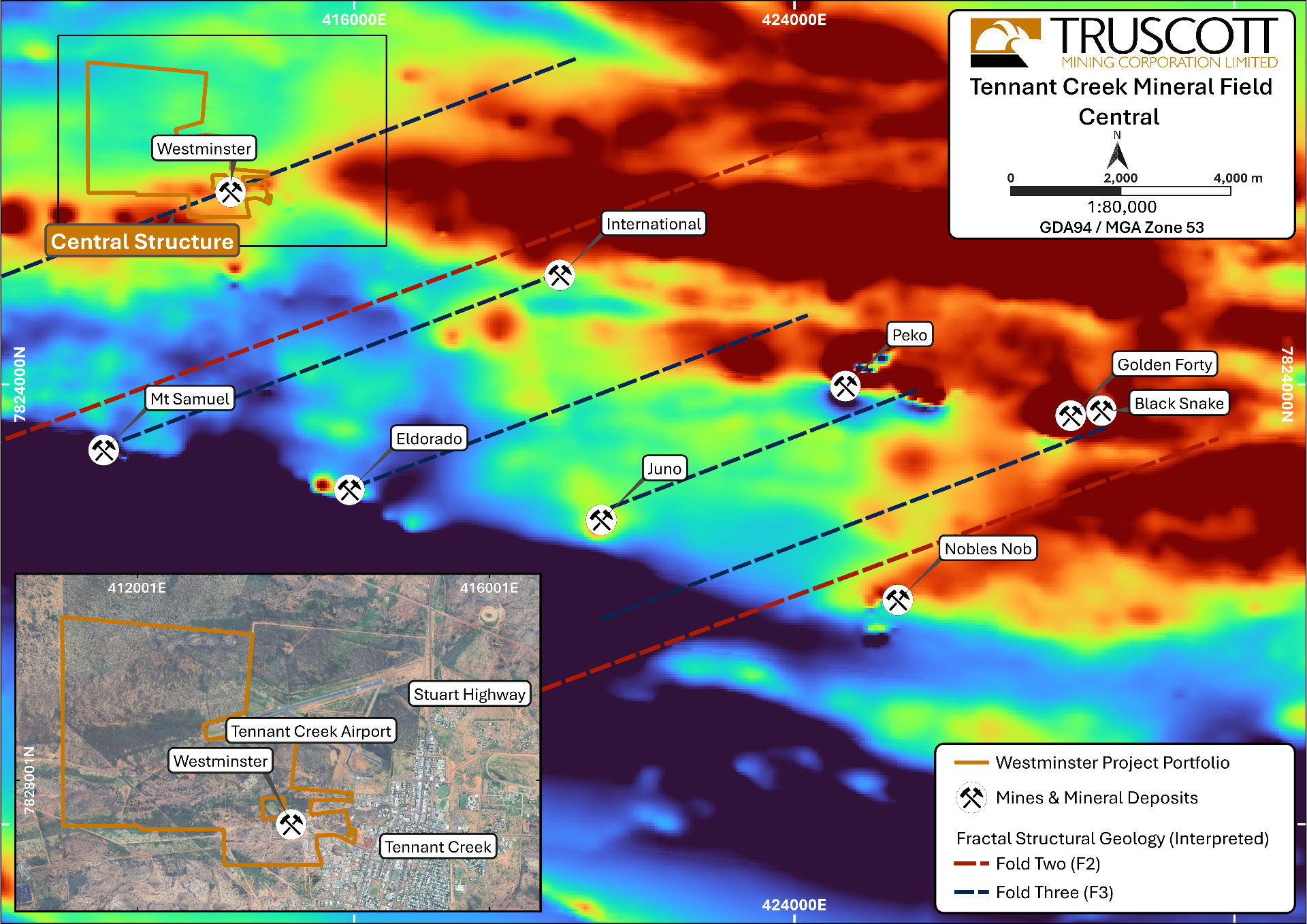 Tennant Creek Mineral Field Central — TMI aeromagnetic image with fractal structural geology overlay